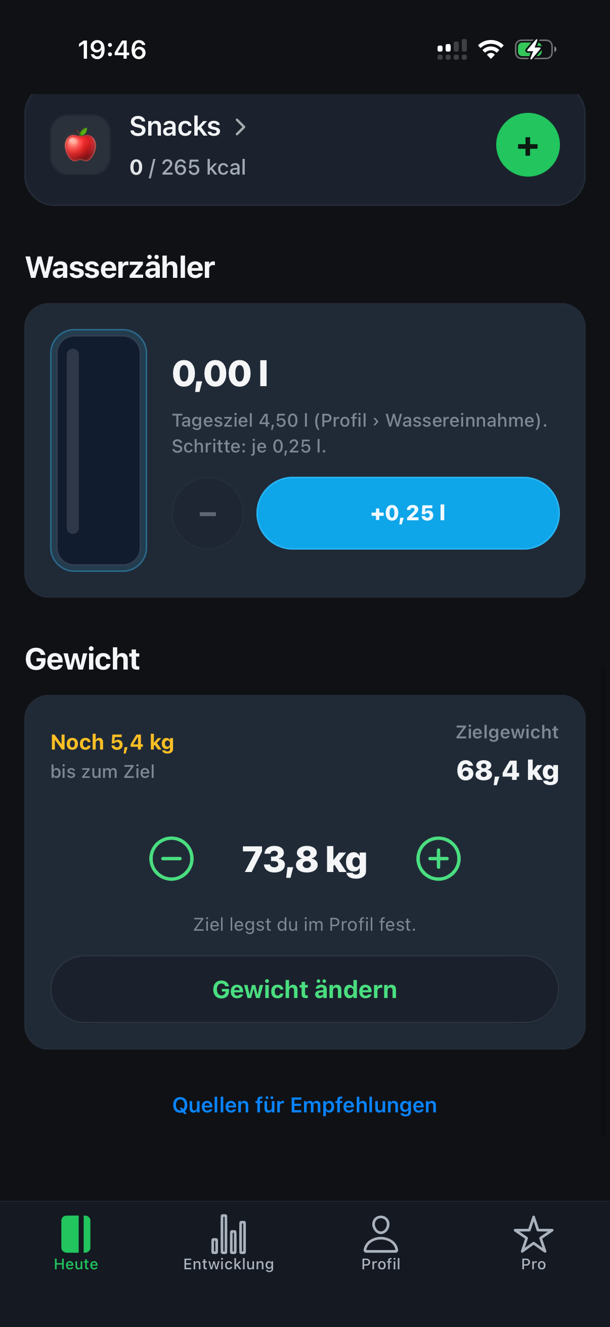 Wasser und Gewicht auf der Heute-Ansicht in Nutrii