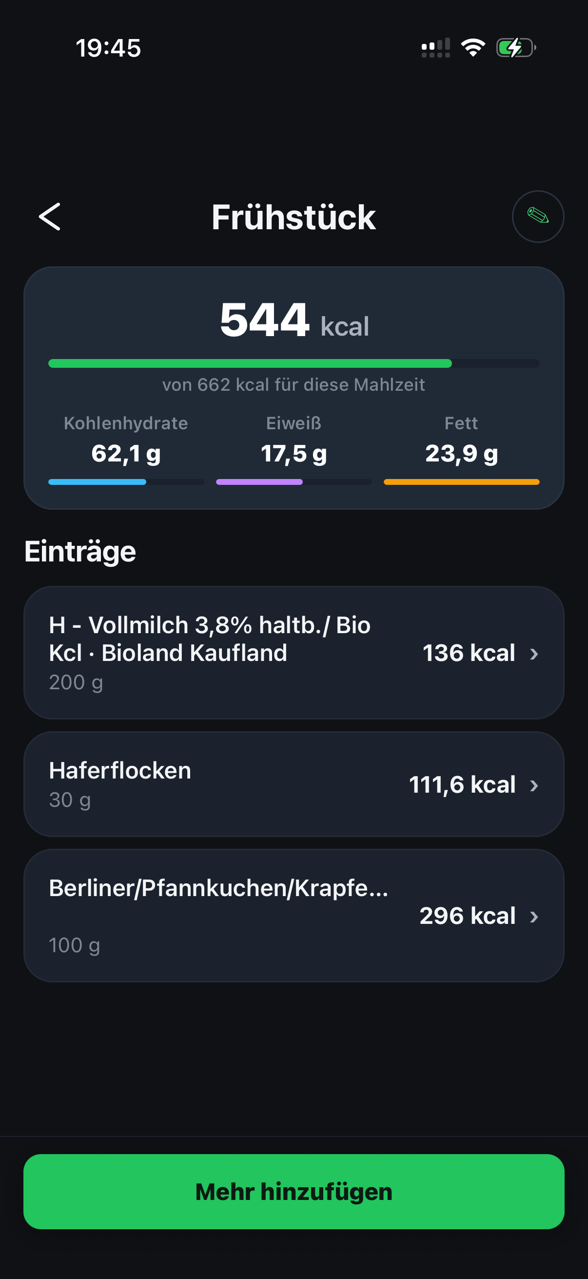 Mahlzeit mit Nährwerten in Nutrii