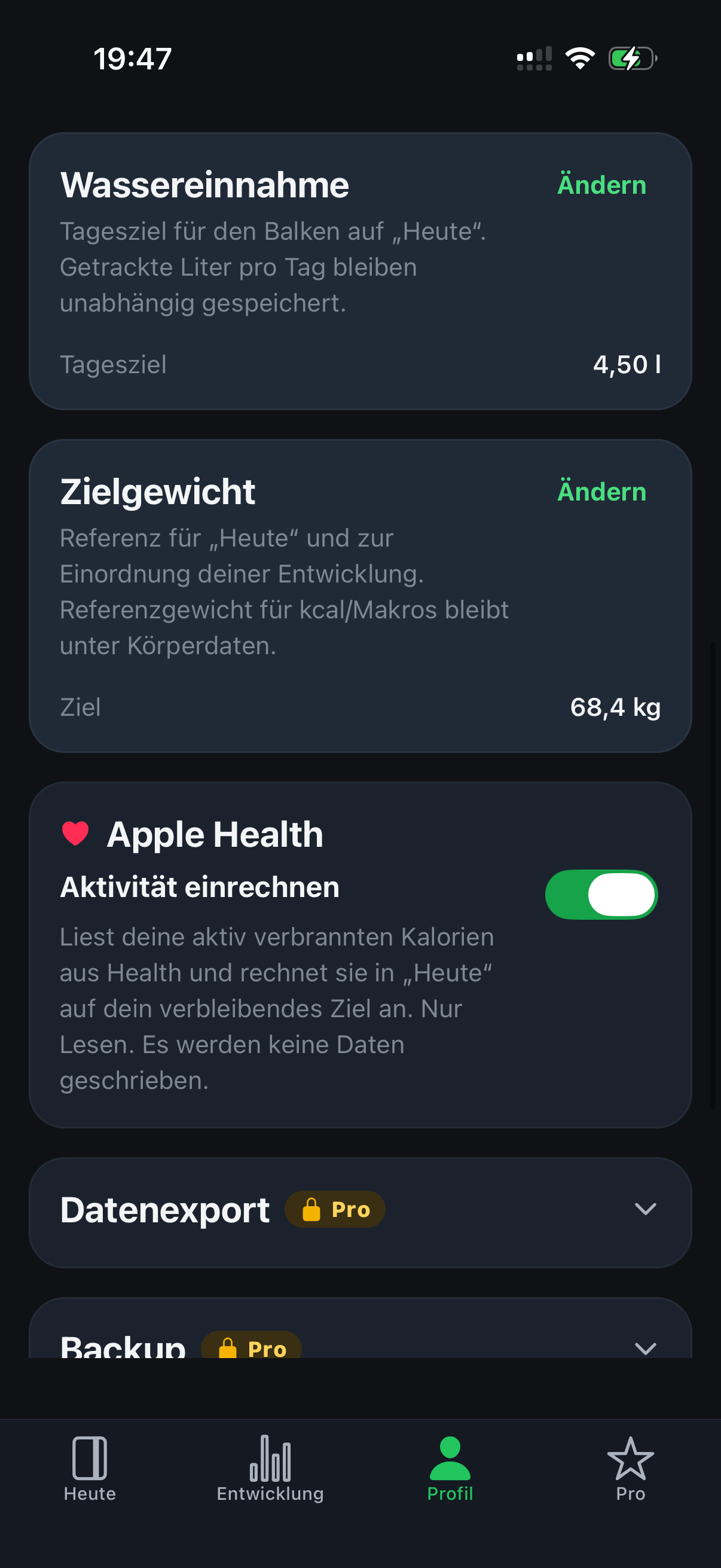 Profil und Einstellungen in Nutrii